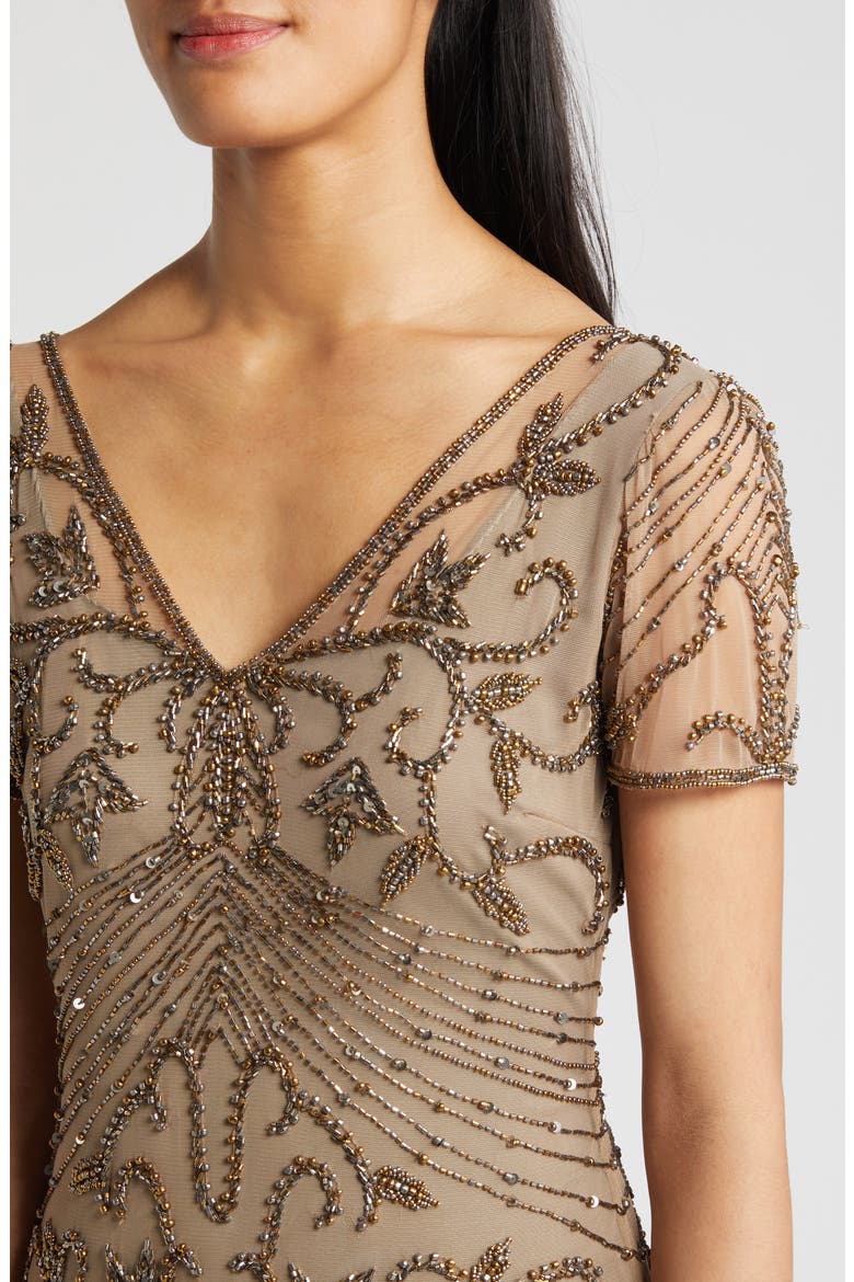 Beaded Mesh Column Gown, Alternate, color, OYSTER