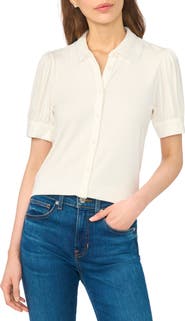 CeCe Scalloped Lace Collar Short Sleeve Shirt