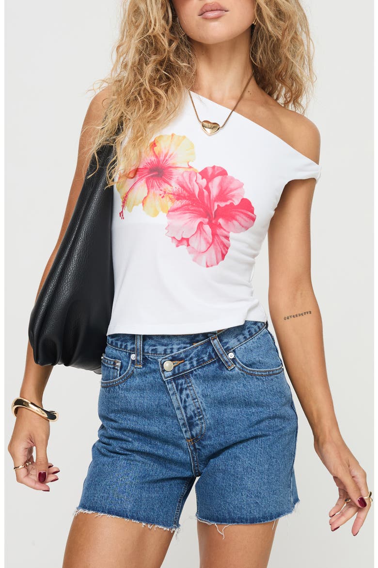 Edwardi Hibiscus One-Shoulder Graphic Top, Main, color, WHITE