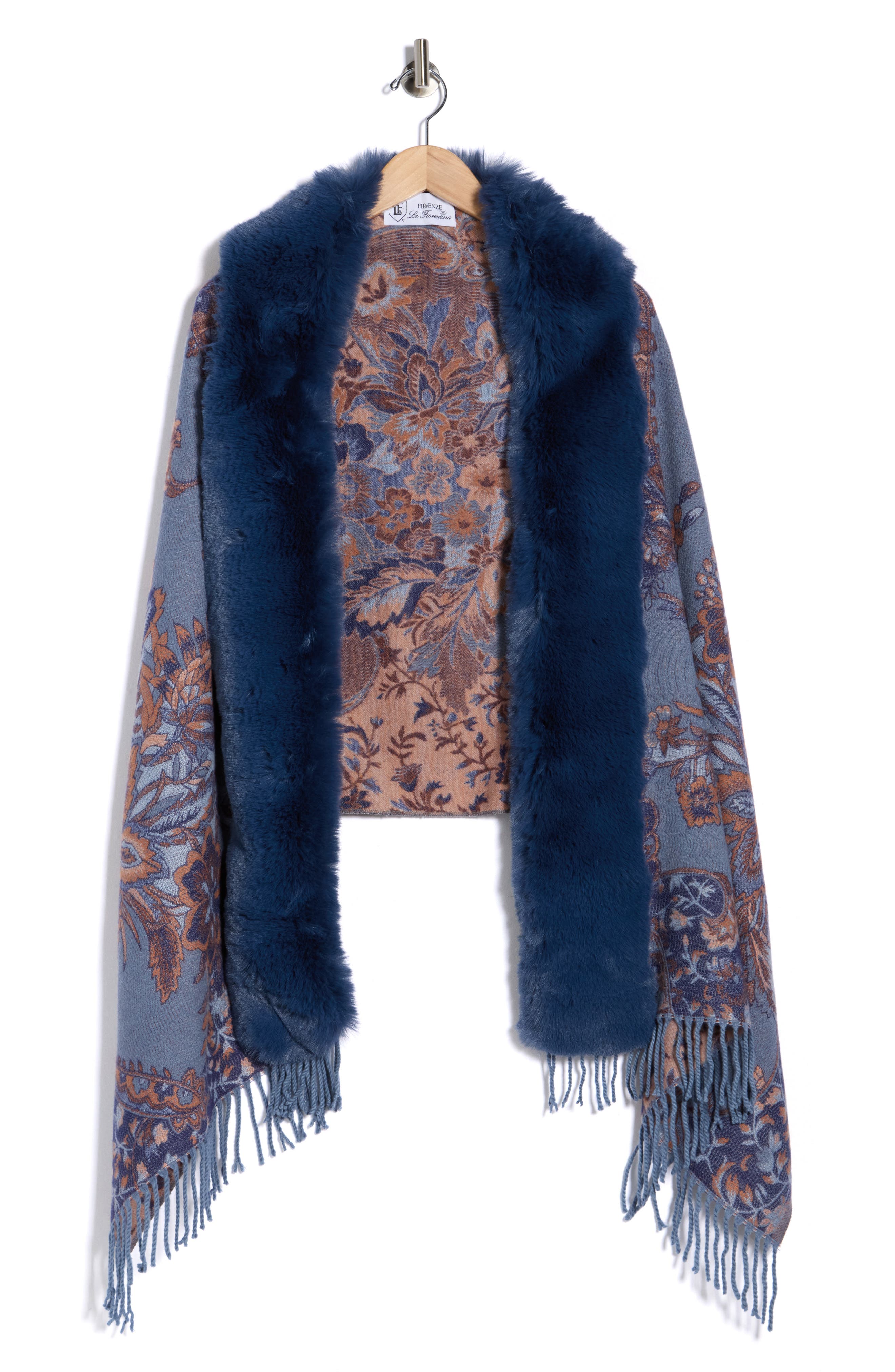 La Fiorentina Floral Print Faux Fur Trim Wrap