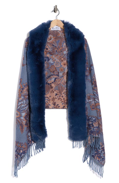 Floral Print Faux Fur Trim Wrap