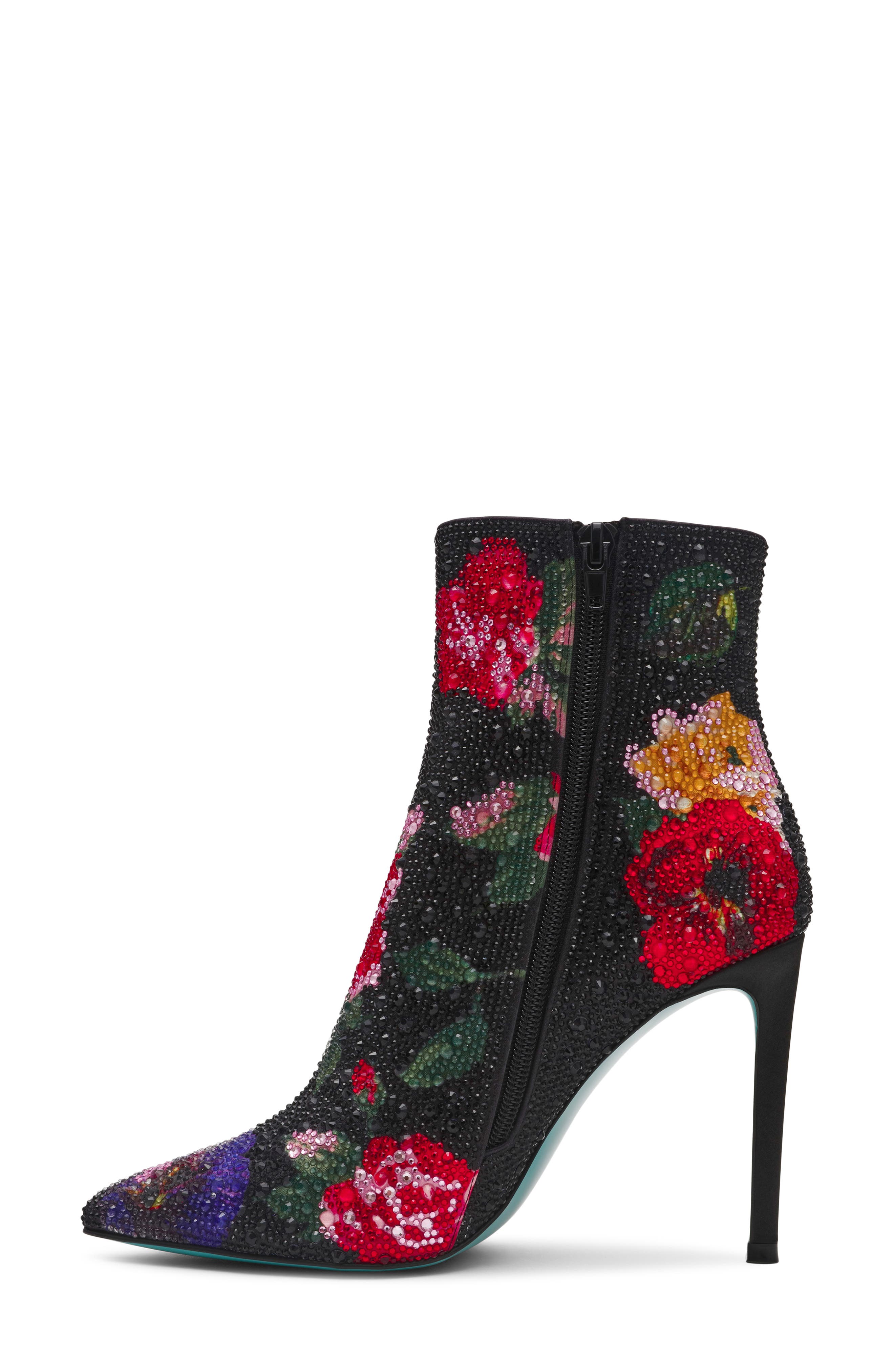 Betsey Johnson Belle Rhinestone Floral Bootie, Alternate, color, Black Flower Multi