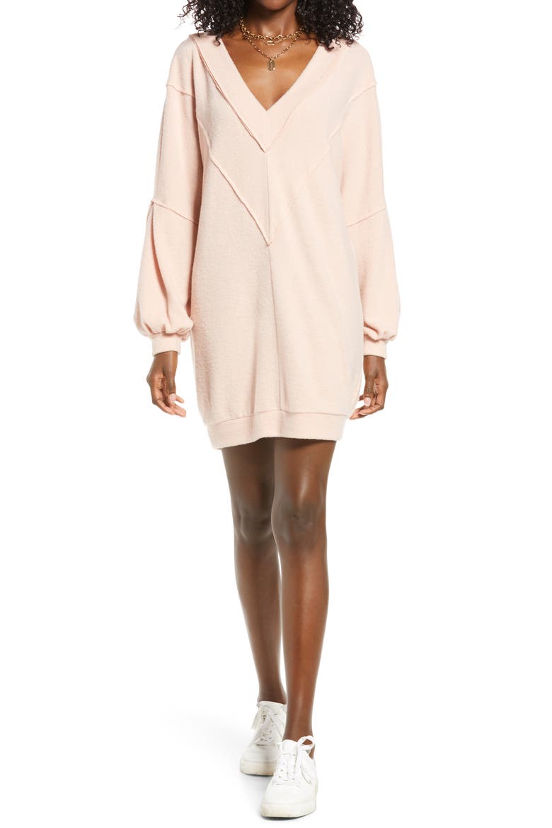 Cozy Double V Long Sleeve Throw On Dress, Main, color, PINK SMOKE