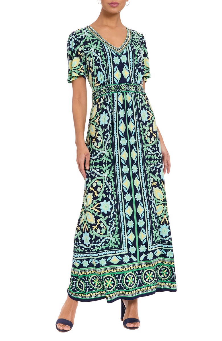London Times V-Neck Short Sleeve Maxi Dress, Main, color, Navy/ Green