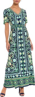 London Times V-Neck Short Sleeve Maxi Dress