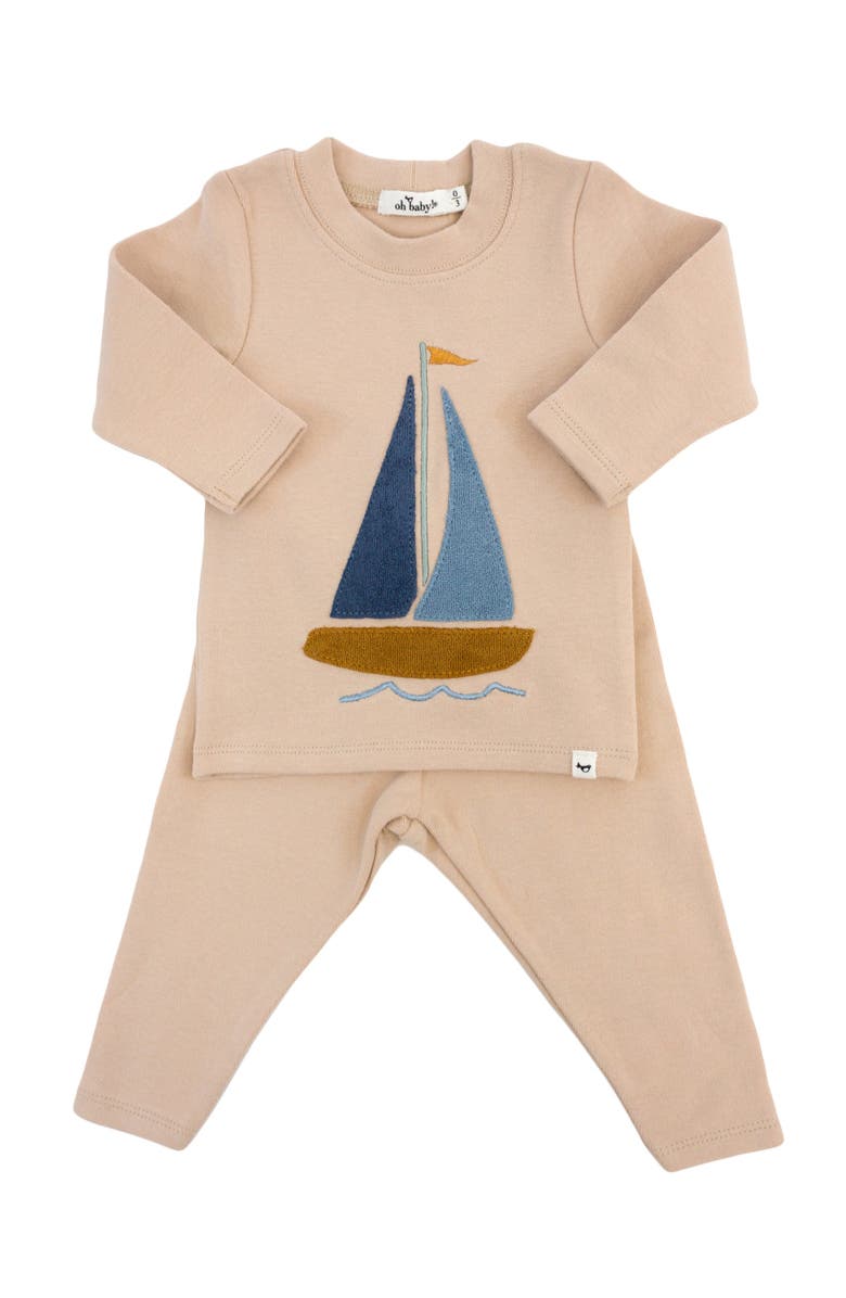 oh baby! Denim Sailboat Terry Applique Two Piece Set, Alternate, color, Almond