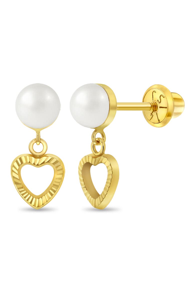 14k Pearl Heart Dangle Girl Earrings, Main, color, White