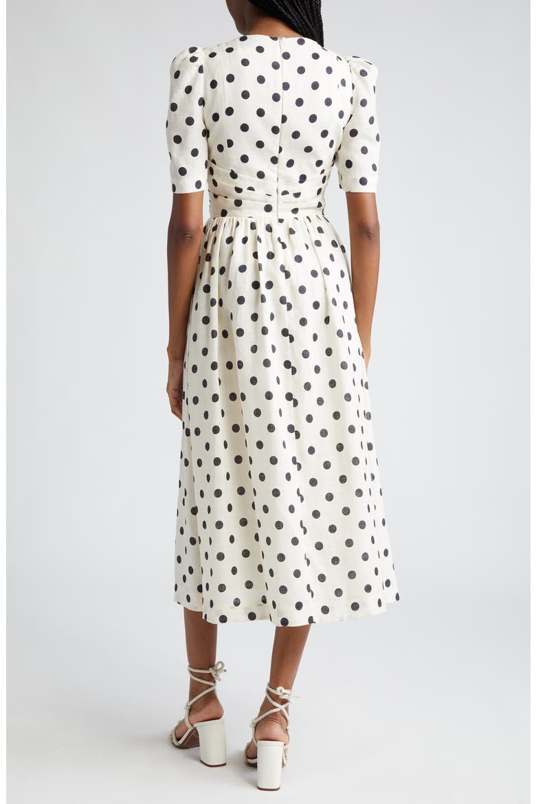 Polka Dot Pleated Linen Midi Dress, Alternate, color, CREAM/ BLACK DOT