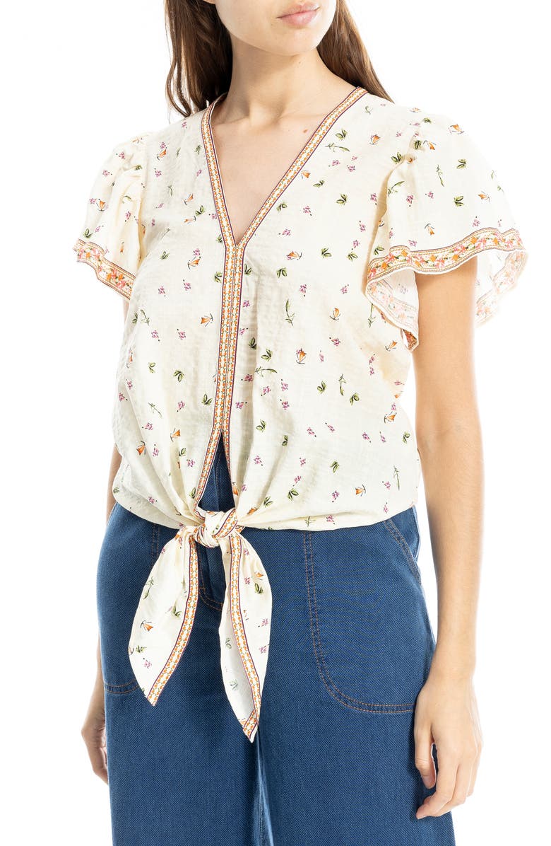 MAX STUDIO Flutter Sleeve Tie Front Shirt, Main, color, Ecru/ Orange Botanical Cascade