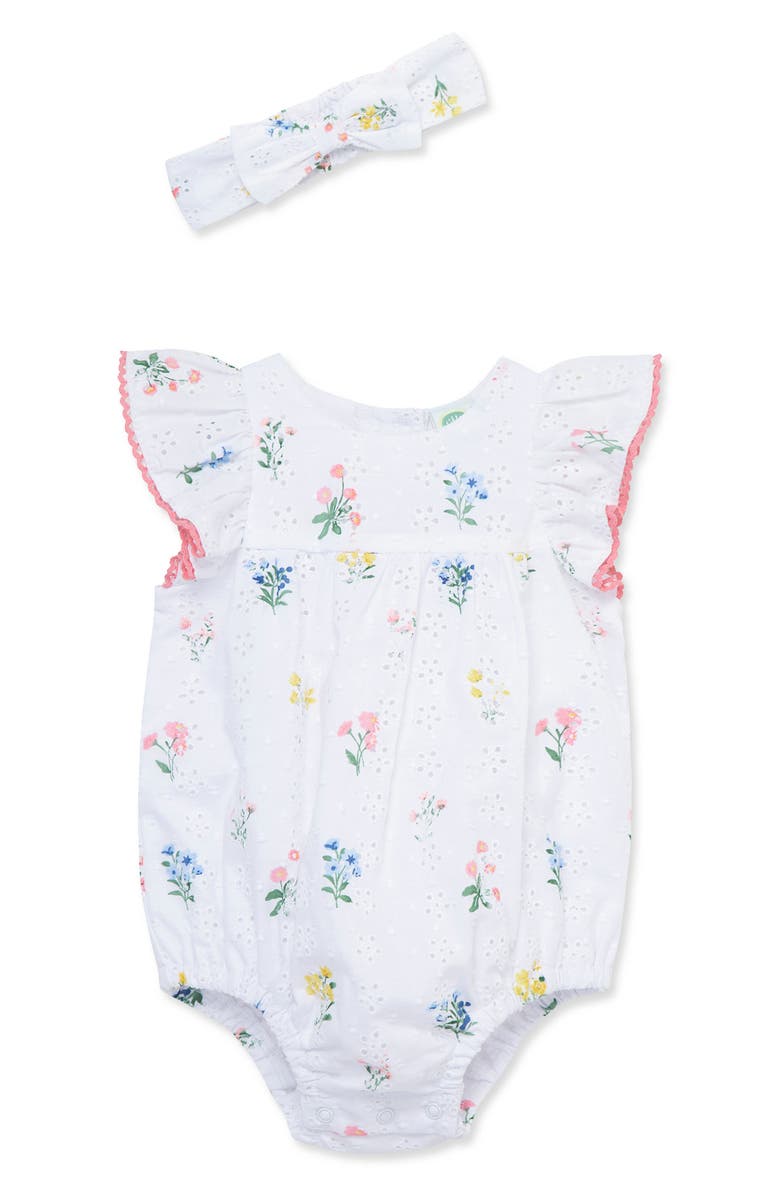 Little Me Eyelet Floral Bubble Romper & Headband Set, Main, color,