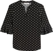 KASPER Polka Dot Flutter Sleeve Top