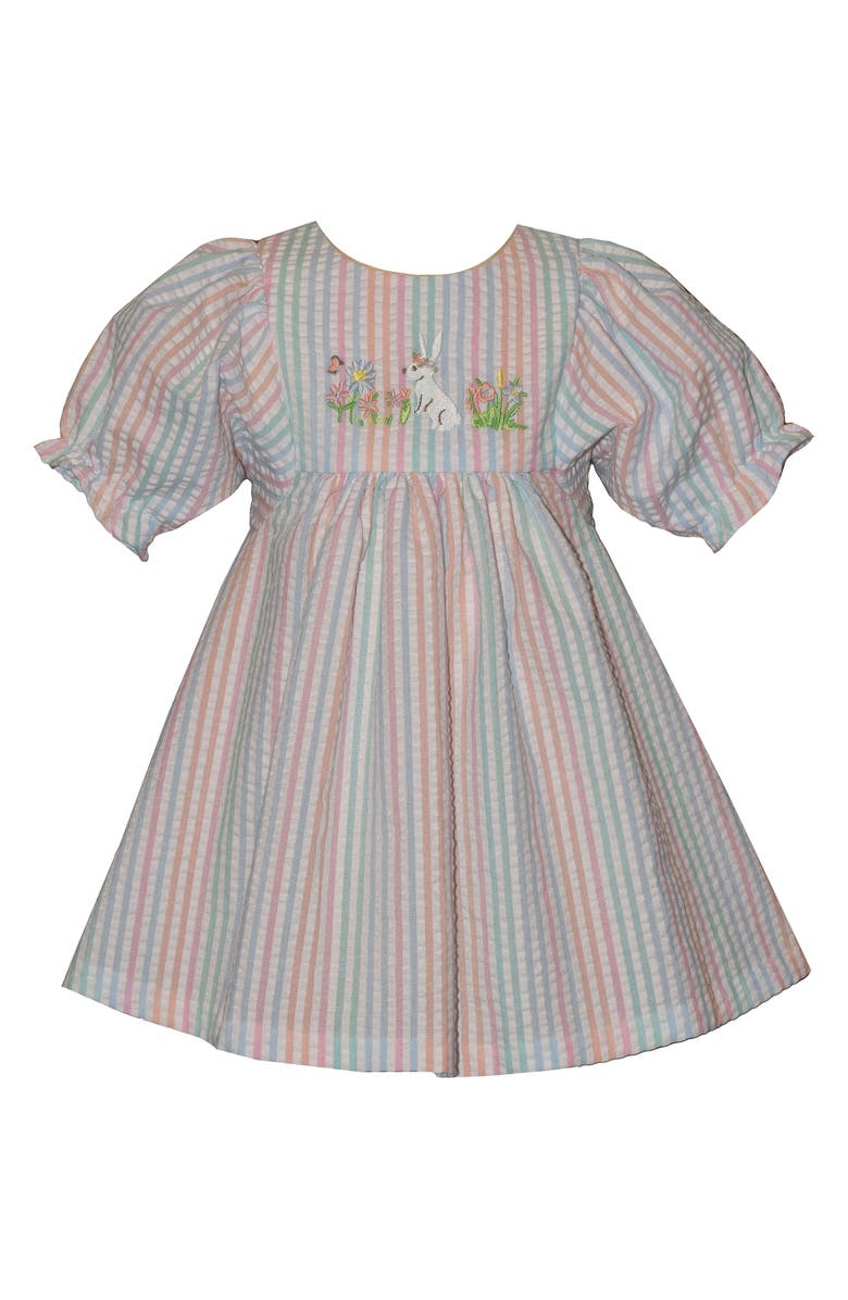 Iris & Ivy Embroidered Bunny Seersucker Dress, Main, color, Blue/ Pink