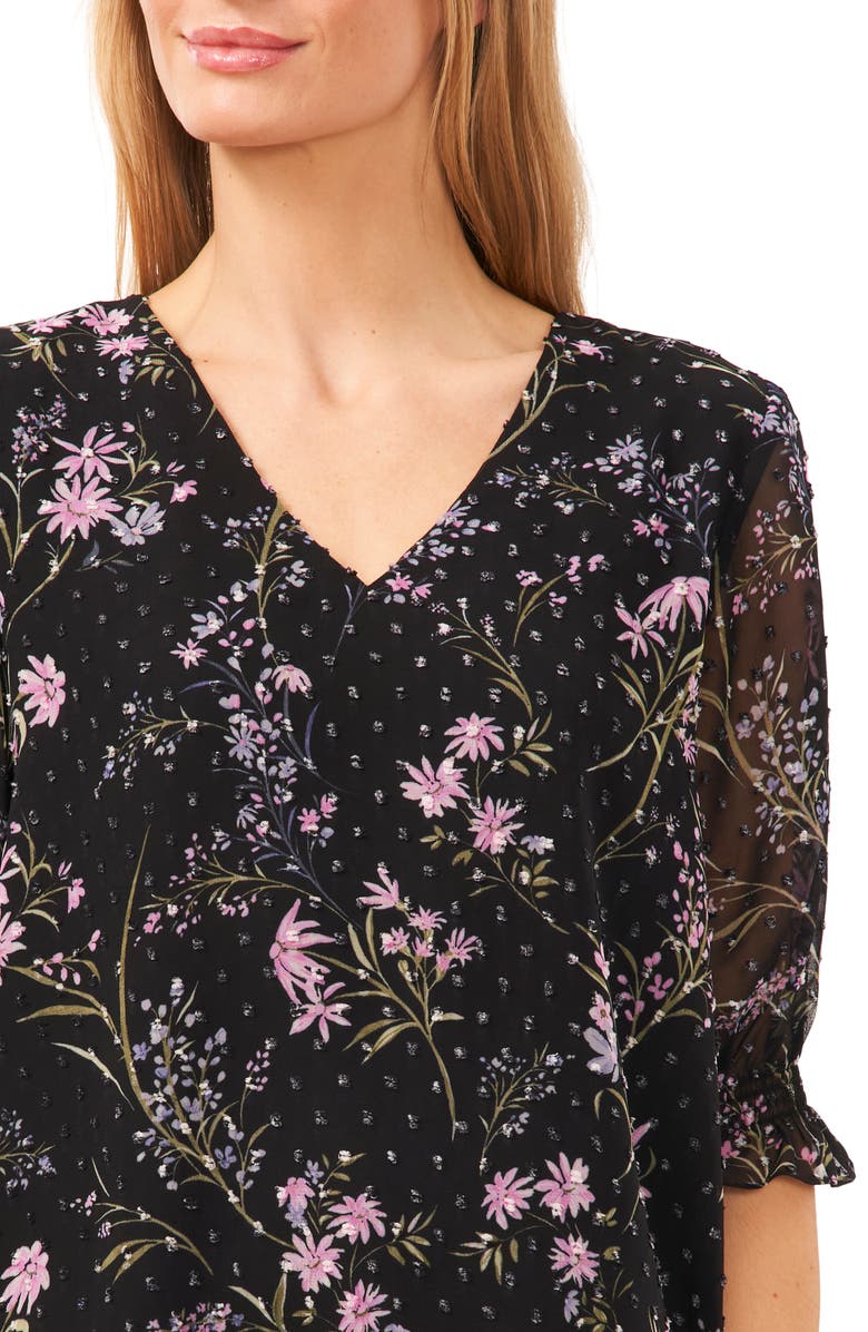 CeCe Floral Clip Dot Chiffon Top, Alternate, color, 