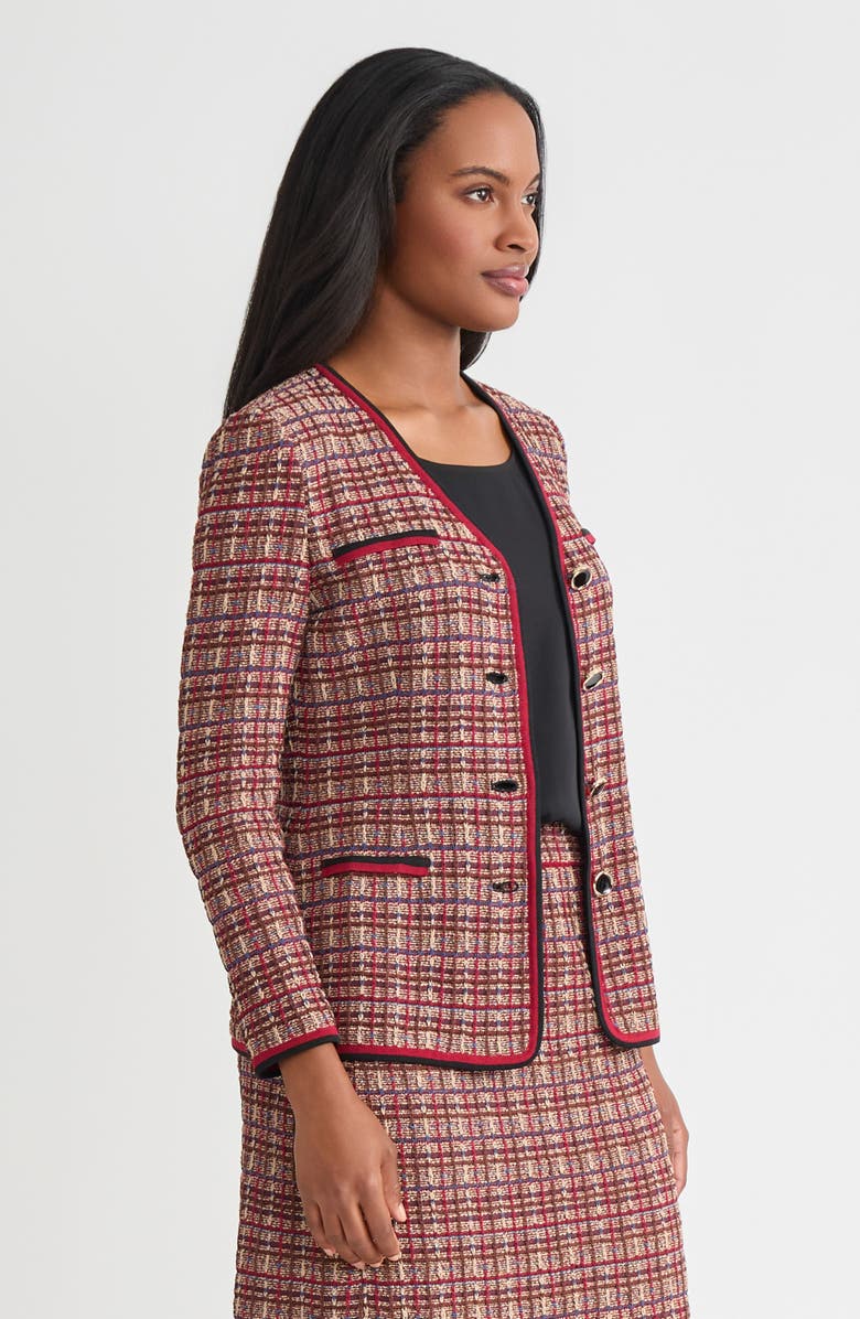 Misook Tailored Plaid Multi-Stitch Knit Jacket, Alternate, color, Scarlet Red/Truffle