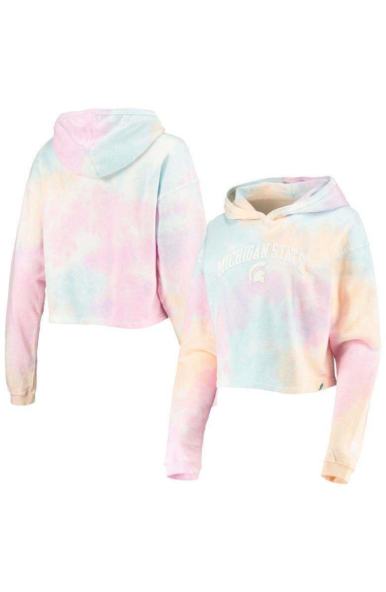 LEAGUE COLLEGIATE WEAR Women's League Collegiate Wear Pink/White Michigan State Spartans Tie-Dye Cropped Pullover Hoodie, Main, color,