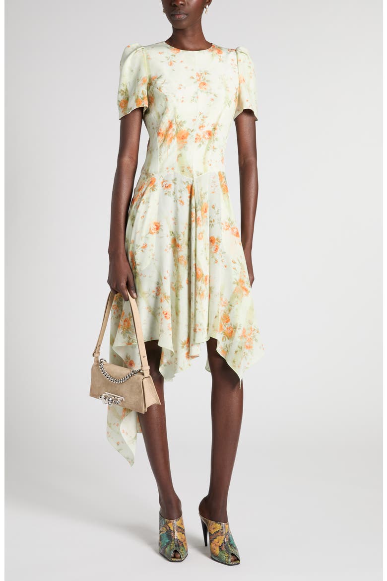 Floral Print Asymmetric Hem Silk Dress, Alternate, color, STONE - TANGERINE