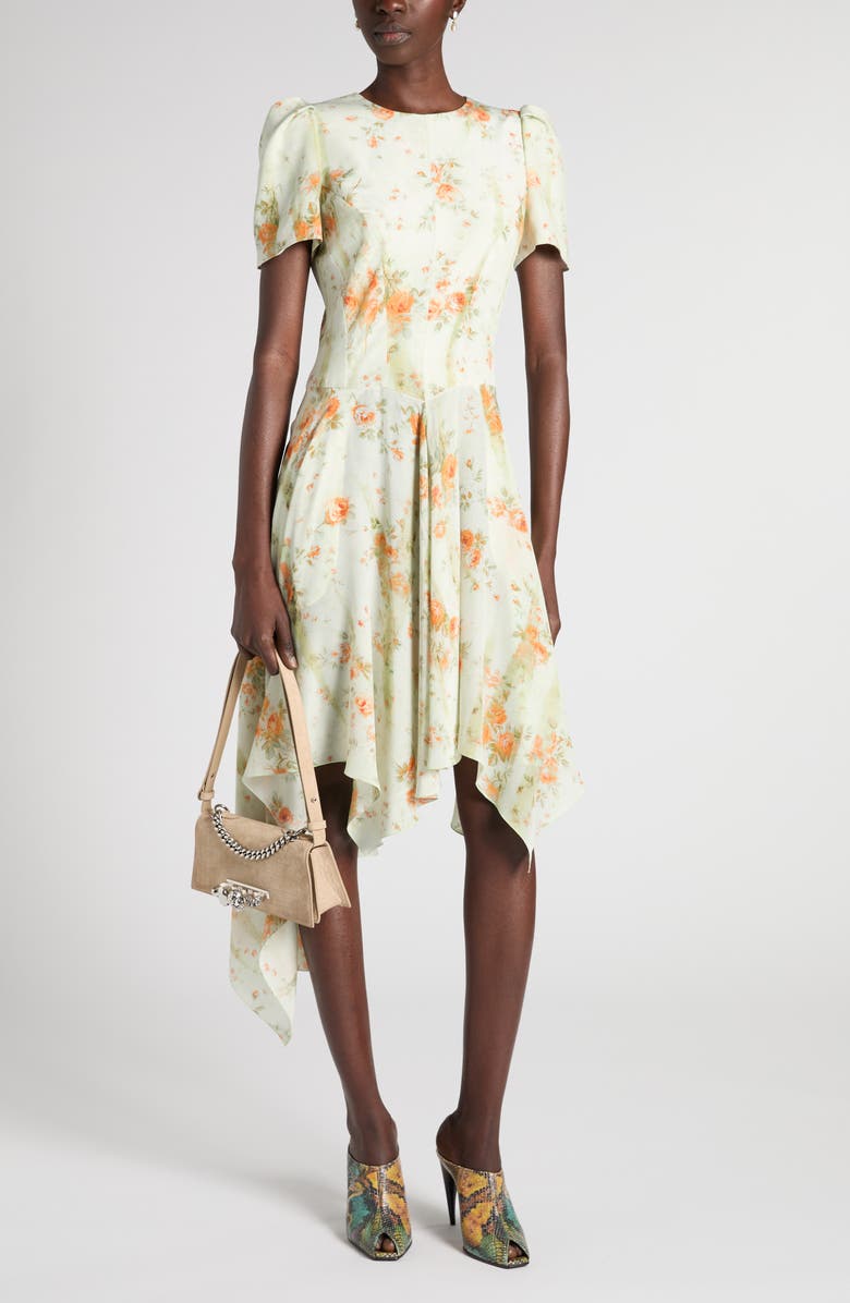 McQueen Floral Print Asymmetric Hem Silk Dress, Alternate, color, Stone - Tangerine