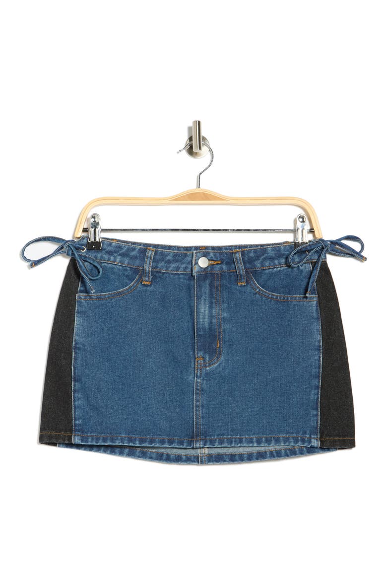 Bow Mixed Wash Denim Miniskirt, Alternate, color, DENIM/ BLACK