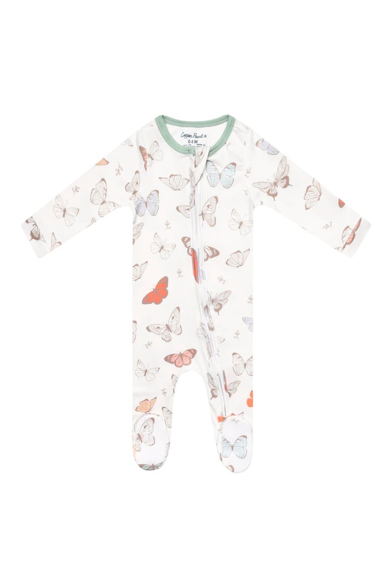 Luna Butterfly Print Zip-Up Footie, Main, color, LIGHT BEIGE