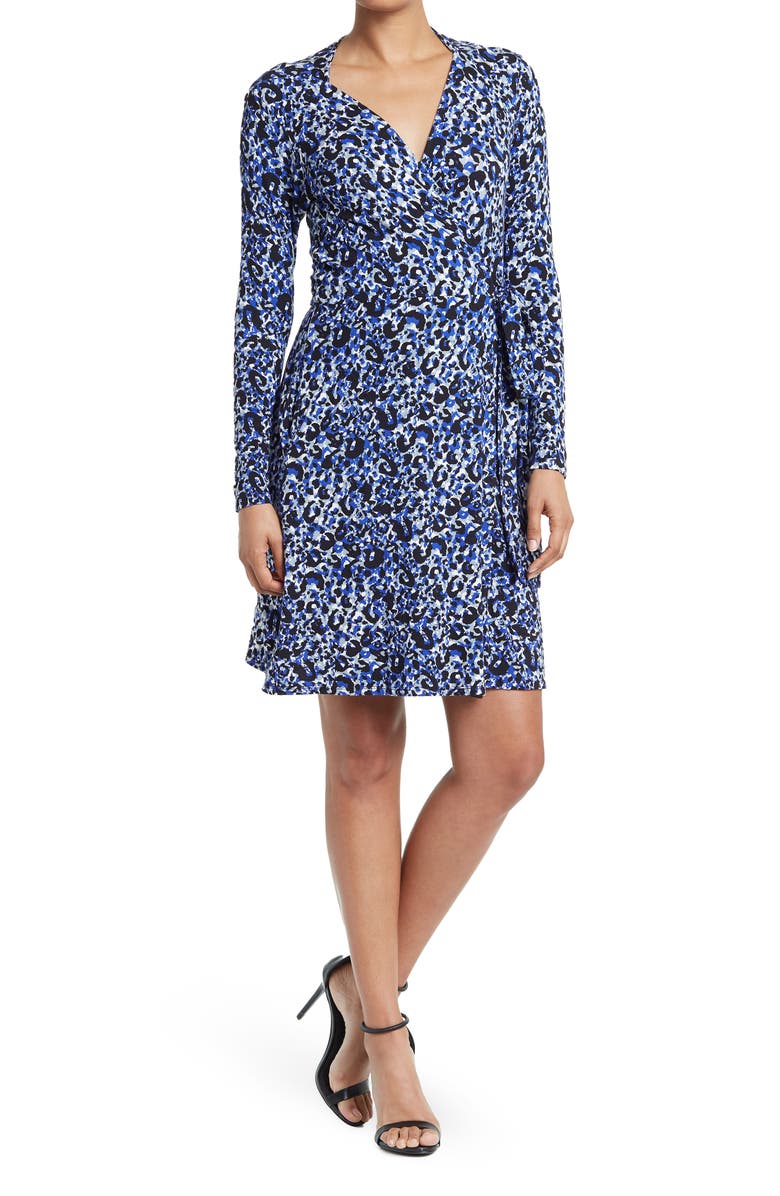 Loveappella Long Sleeve Wrap Dress, Main, color, Blue/ Black/ Grey