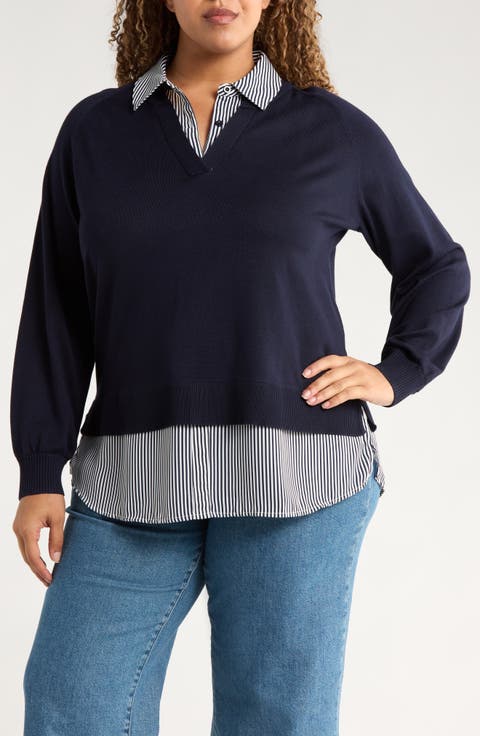 V-Neck Twofer Sweater (Plus)
