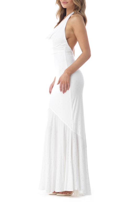 Sky Rhinestone Open Back Halter Gown In White