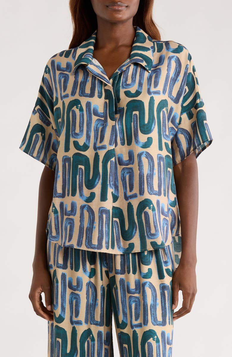 MELLODAY Easy Woven Pullover Shirt, Main, color, Taupe Blue Geo