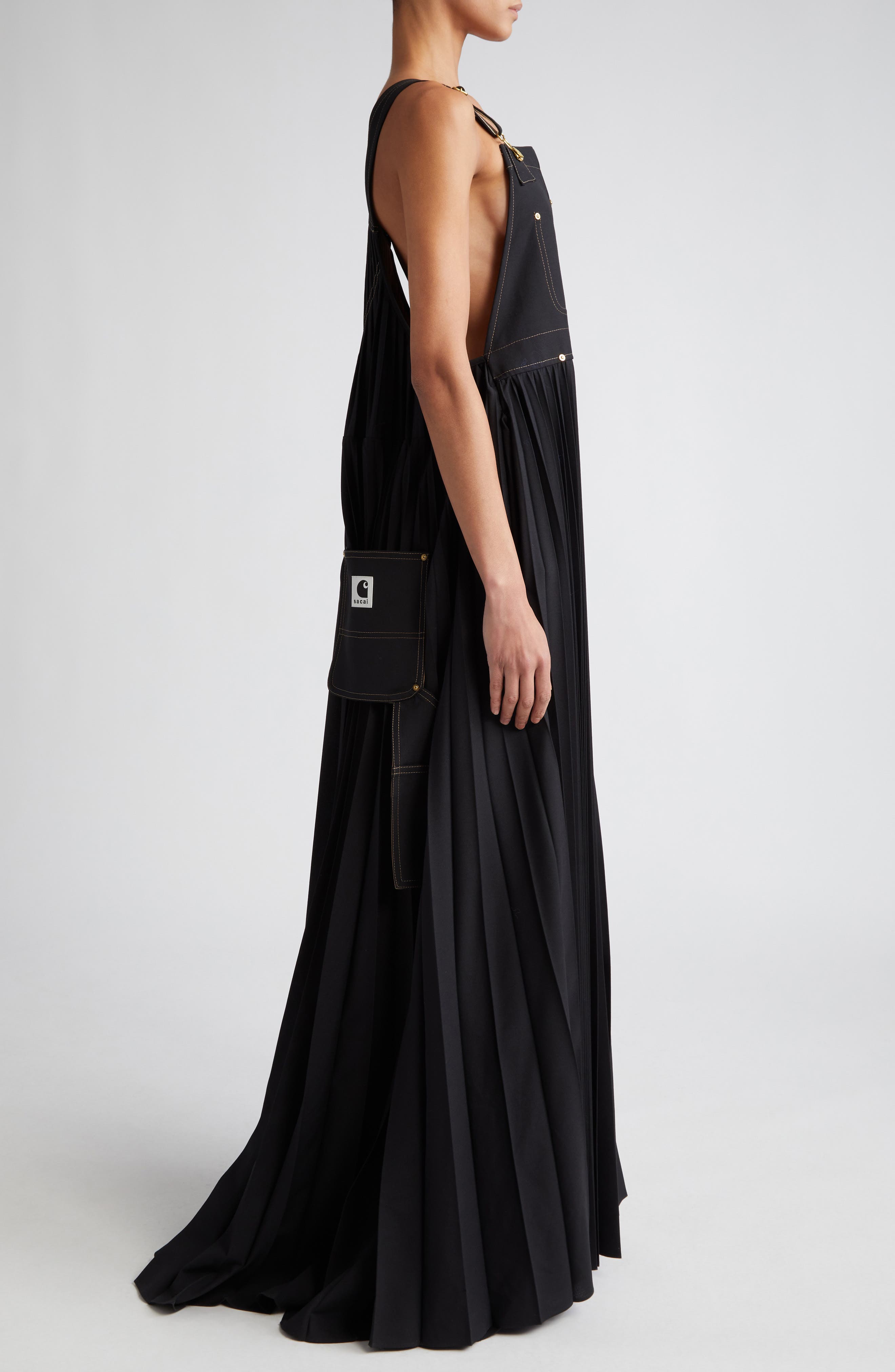 sacai x carhartt apron flared pleated overall dress Sacai X Carhartt Apron Flared Pleated Overall Dress - Black