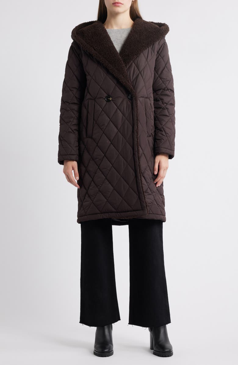 Michael Kors Faux Shearling Lined Quilted Hooded Coat, Main, color, Chocolate
