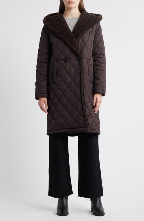 Faux Shearling Lined Quilted Hooded Coat