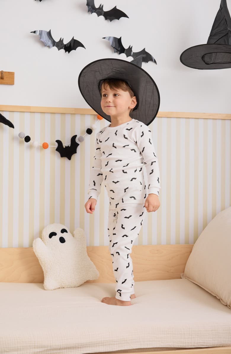 Petit Lem Kids' Bat Print Glow in the Dark Fitted Two-Piece Cotton Rib Pajamas, Alternate, color, Off White
