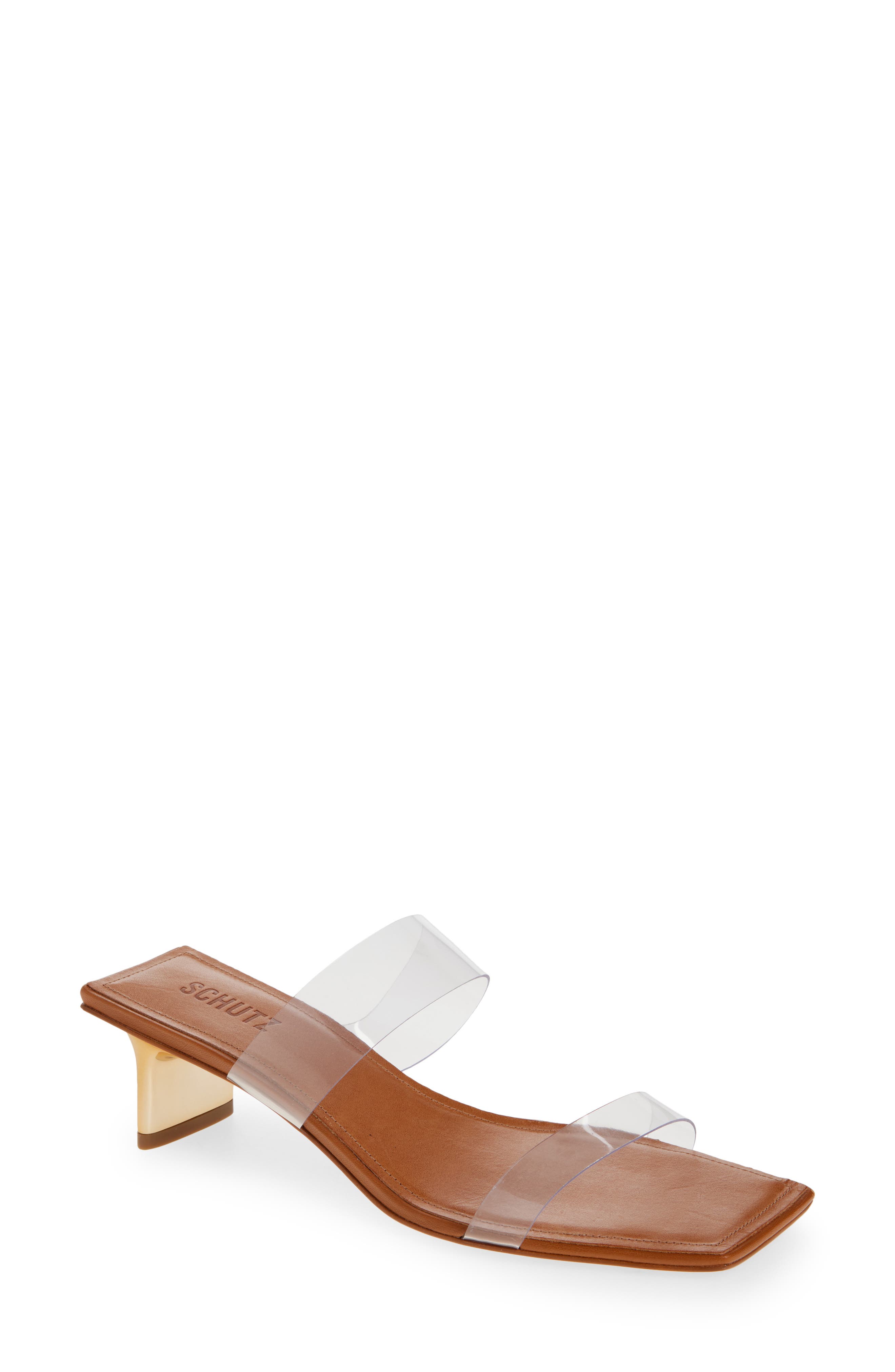 Schutz Ariella Slide Sandal, Main, color, Transparente/ Cuoio Brown
