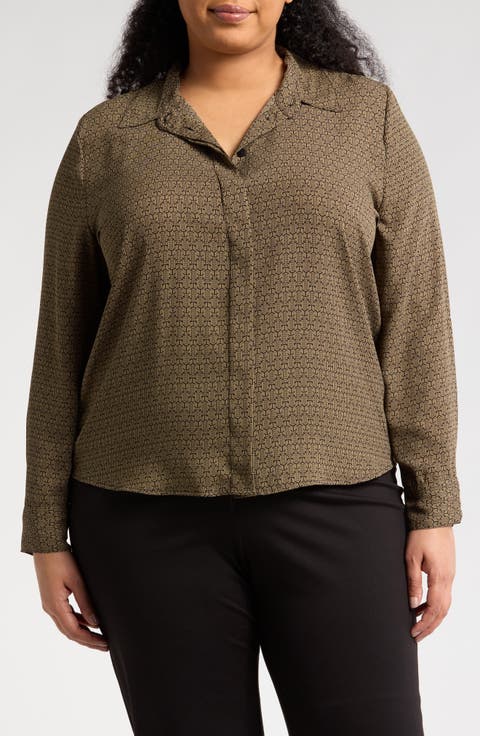 Long Sleeve Crepe Button-Up Shirt (Plus)