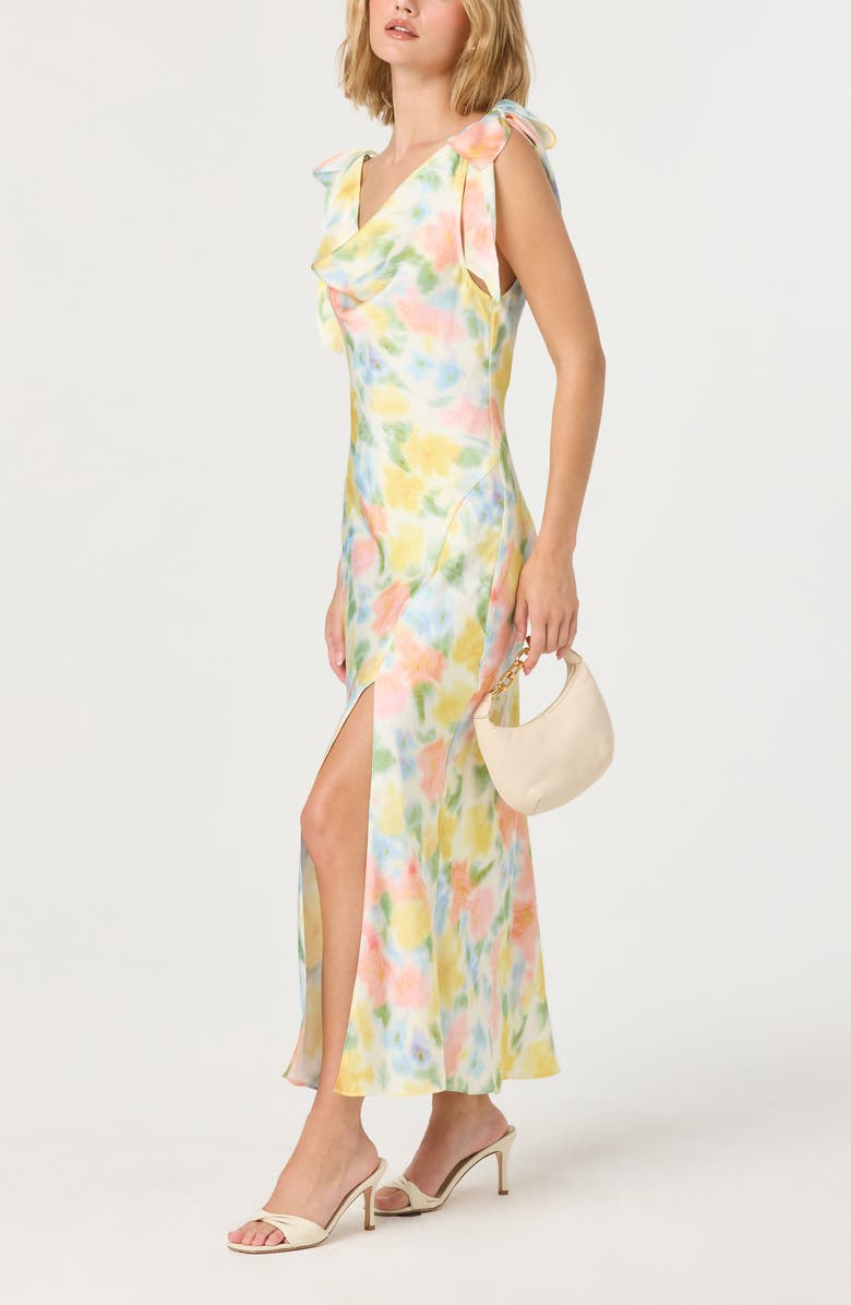 ASTR the Label Allexina Tie Shoulder Satin Maxi Dress, Alternate, color, Yellow Watercolor
