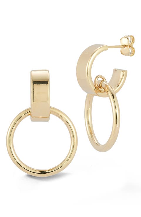 14K Yellow Gold Link Drop Huggie Hoop Earrings