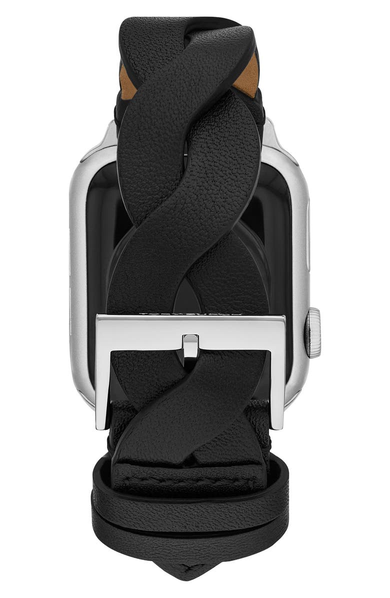 Tory Burch Braided Leather 20mm Apple Watch<sup>®</sup> Watchband, Alternate, color, Black