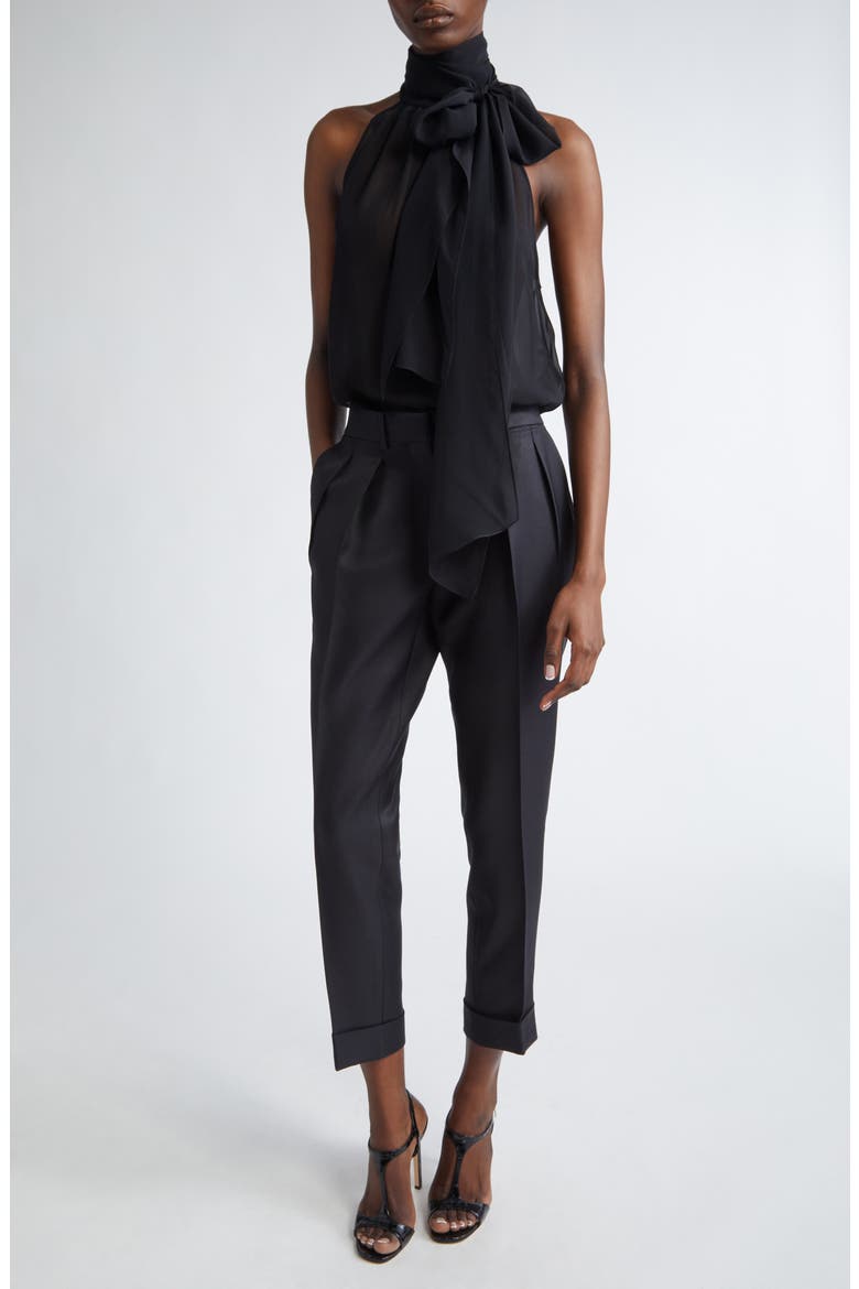 Silk Georgette Tie Neck Top, Alternate, color, BLACK