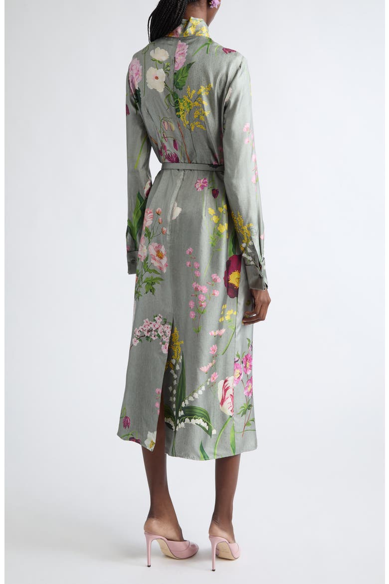 Floral Print Long Sleeve Silk Midi Dress, Alternate, color, GREY MULTI