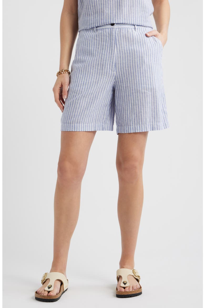 Relaxed Linen Blend Bermuda Shorts, Main, color, BLUE- IVORY PENNY STRIPE