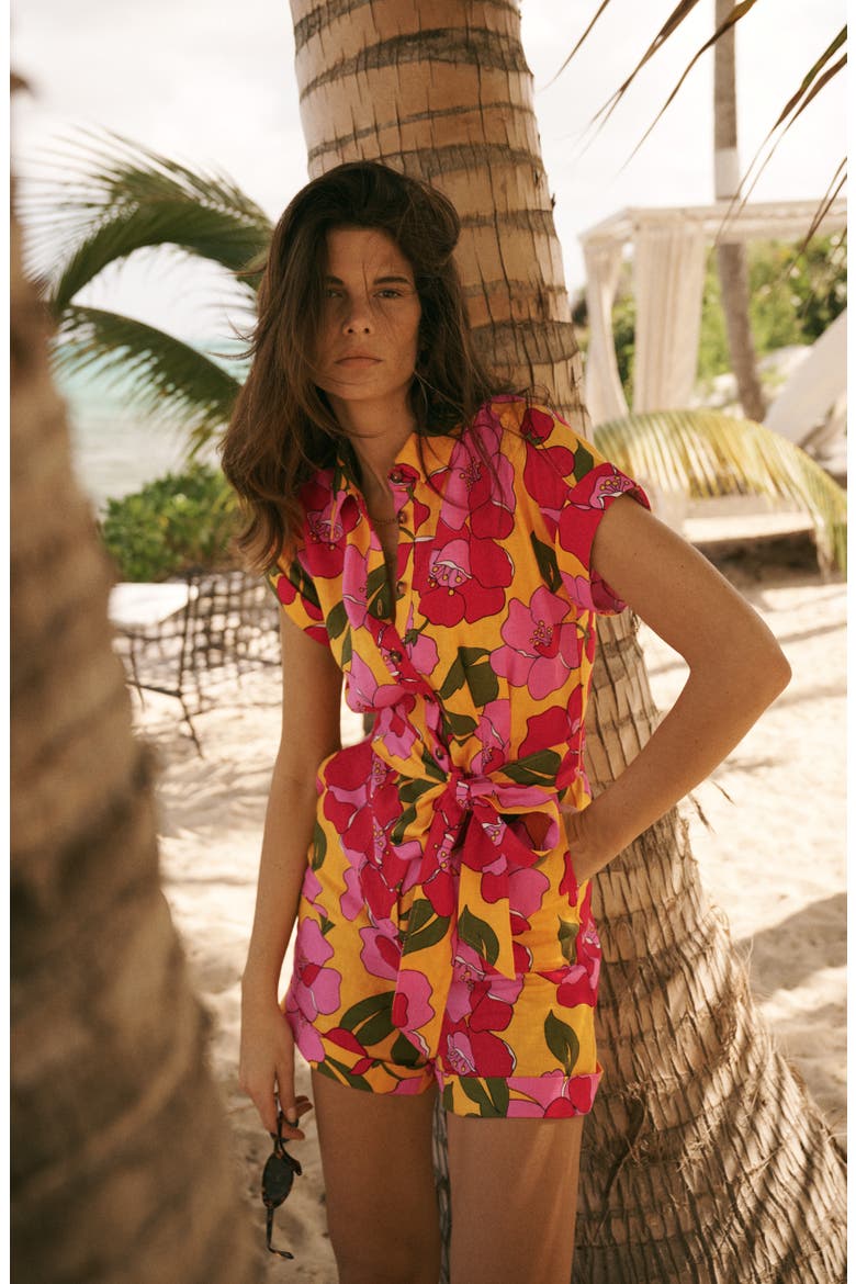 Kay Floral Linen Playsuit, Alternate, color, YELLOW RADIANT BLOOM