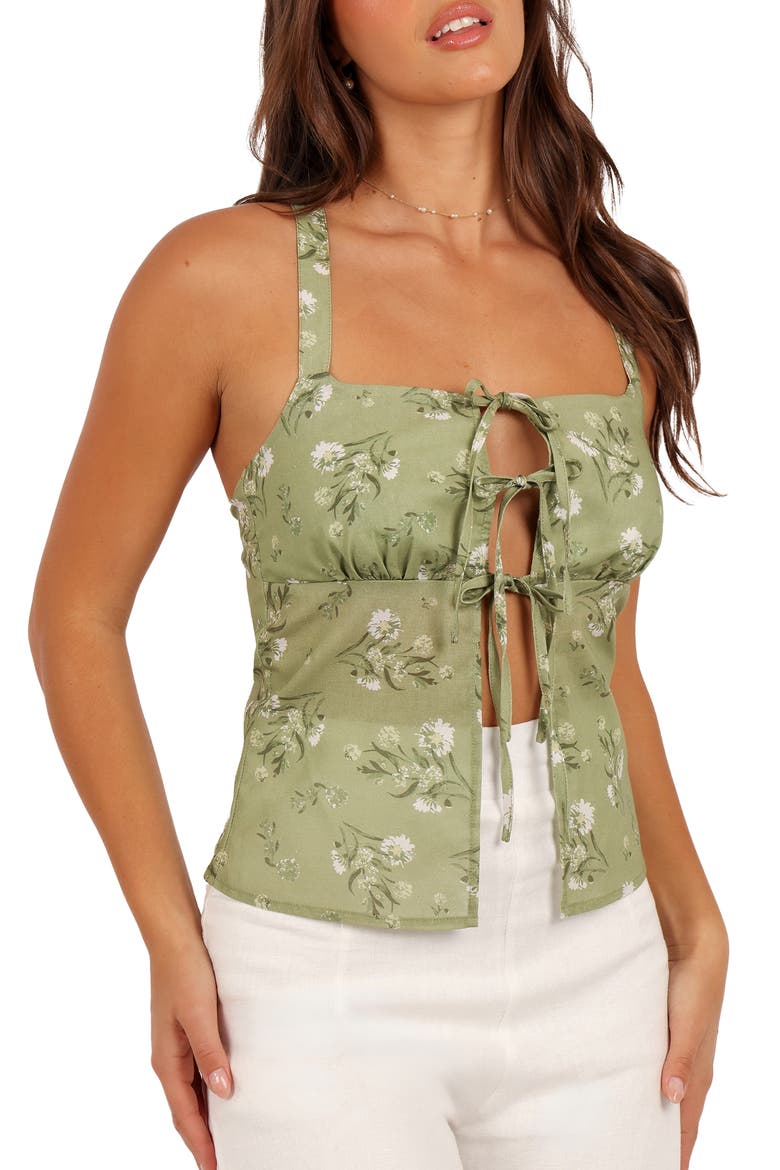 Juliette Floral Tie Front Cotton & Linen Top, Main, color, SAGE BOTANICA