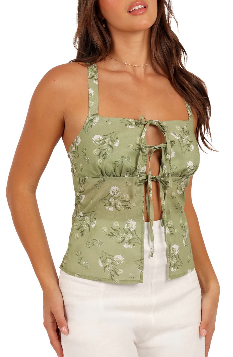 Petal & Pup Juliette Floral Tie Front Cotton & Linen Top, Main, color, Sage Botanica