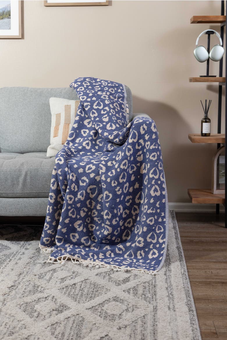 Leopard Heart Organic Cotton Medium Weight Throw Blanket, Alternate, color, Navy