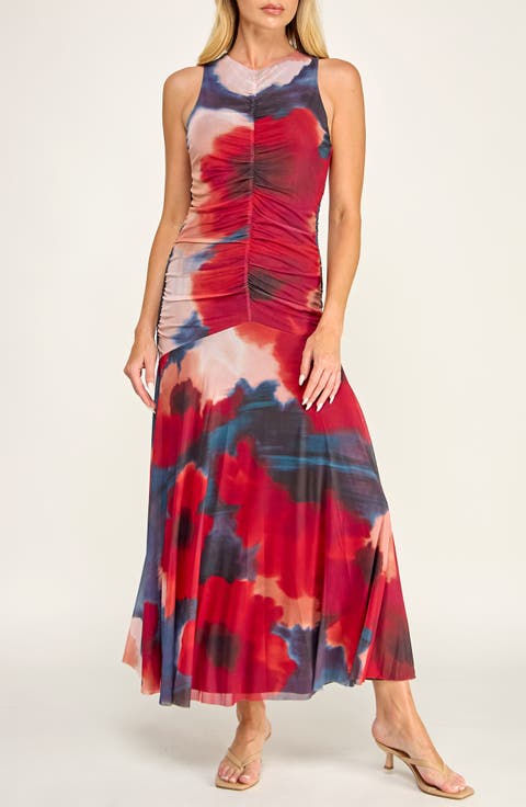 Ruched Mesh Midi Dress