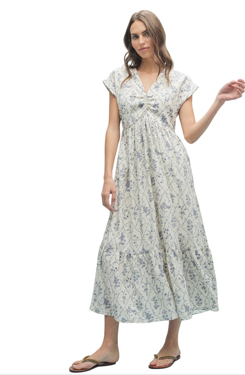 WISHLIST Floral Cinched Midi Dress, Alternate, color, Off White/ Blue