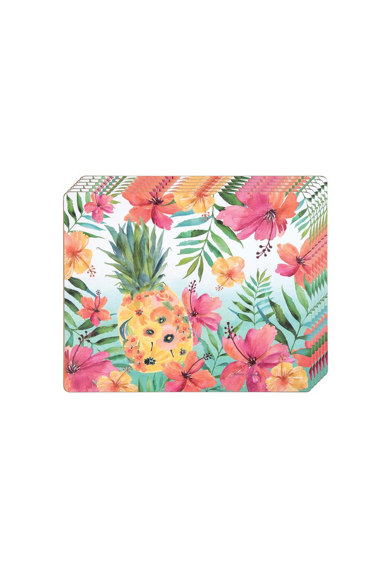 Pineapple Summer Flowers Hardboard Set of 6 Placemats 13" x 16", Alternate, color, Pink