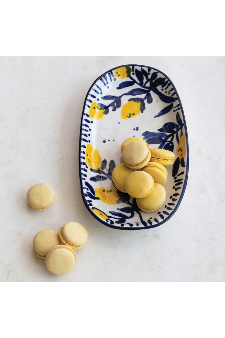 Hand-Painted Stoneware Platter with Lemons, White, Blue and Yellow, Alternate, color, Blue