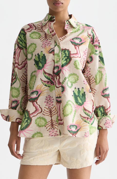 Print Linen & Cotton Button-Up Shirt