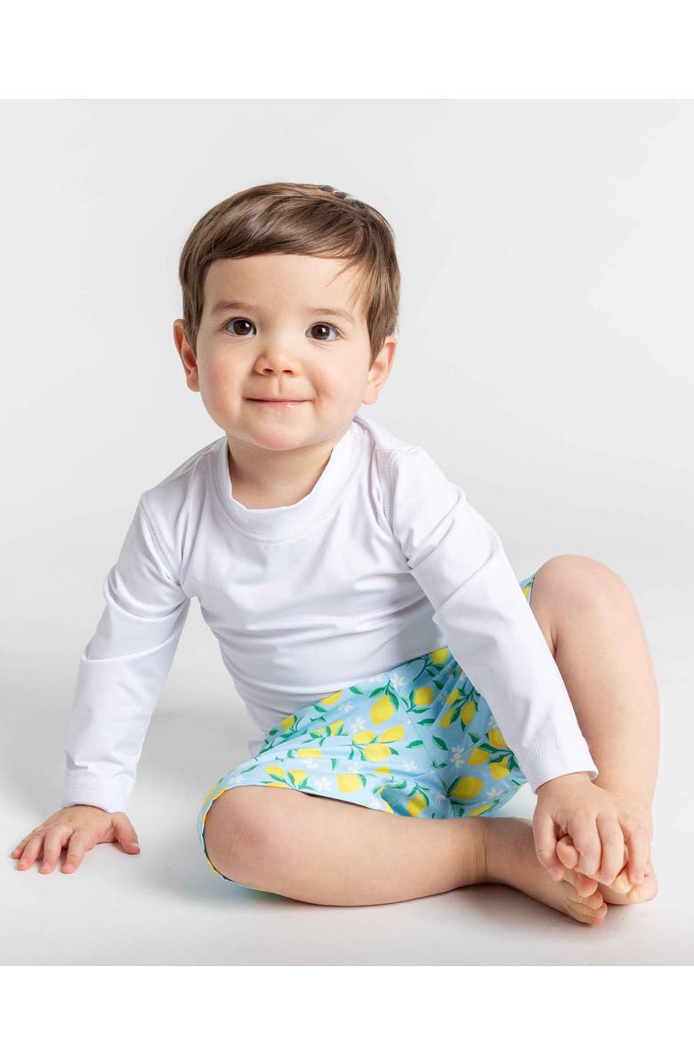 Florence Eiseman Lemon Print Swim Trunk, Alternate, color, Blue / Yellow