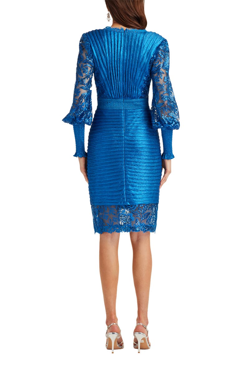 Pleated Sequin Lace Long Sleeve Chiffon Dress, Alternate, color, PACIFIC BLUE